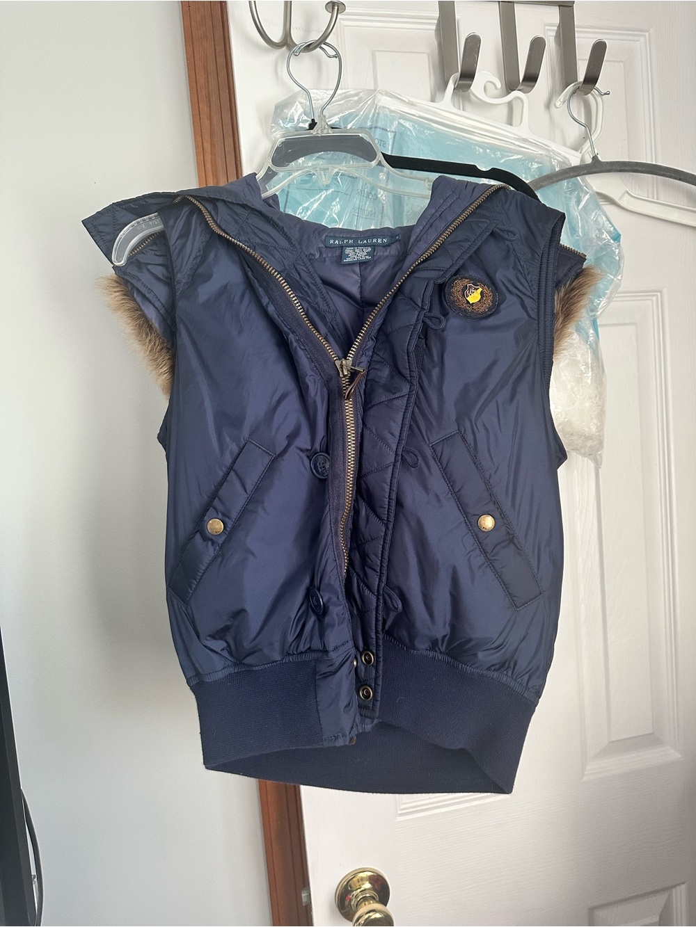 Ralph Lauren Navy Puffer Vest with Faux Fur Hood Trim